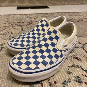 Blue checkered print slip-on Vans